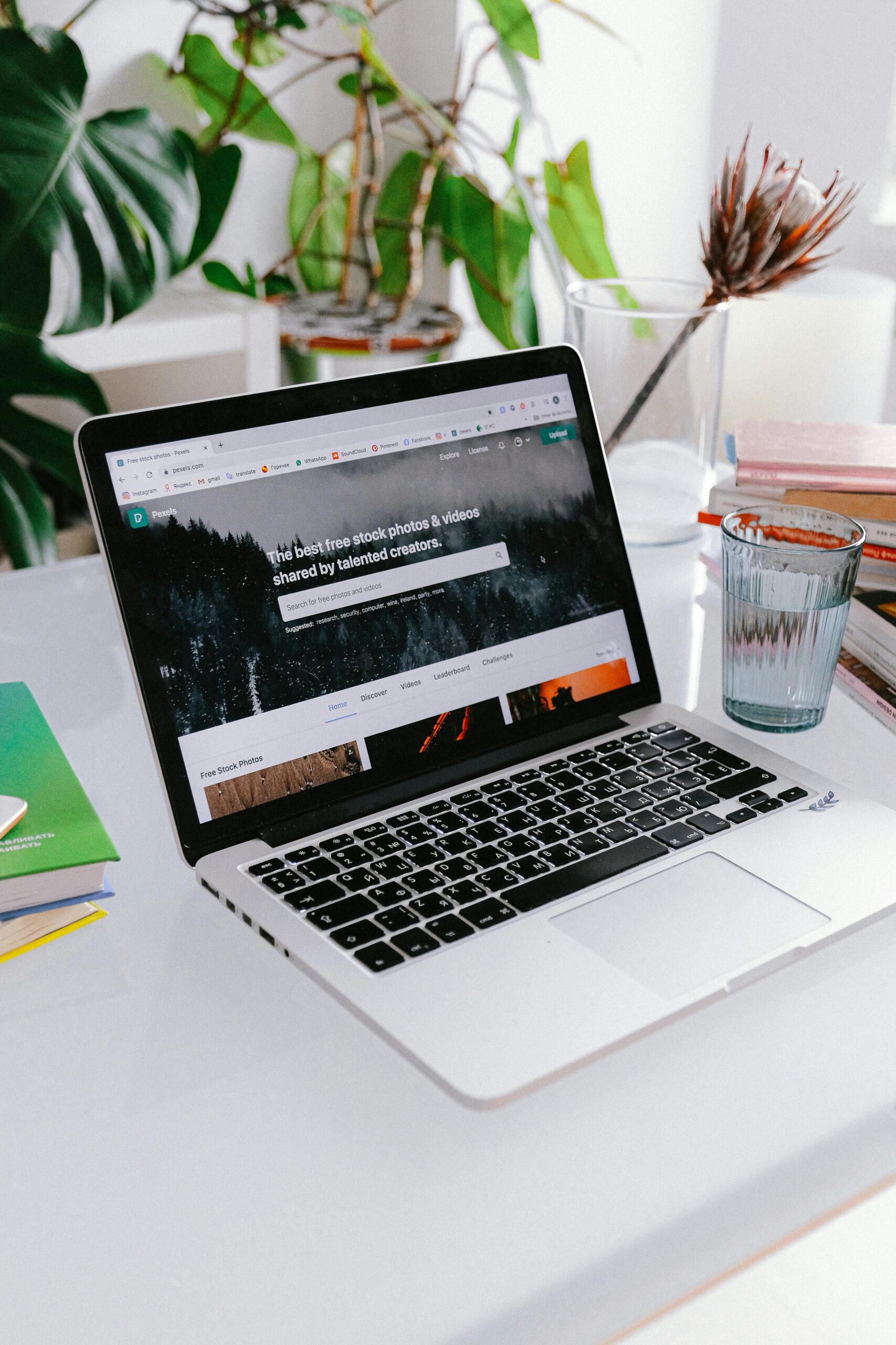 A stylish home office setup featuring a laptop on a desk surrounded by plants, capturing a calm work-from-home vibe.