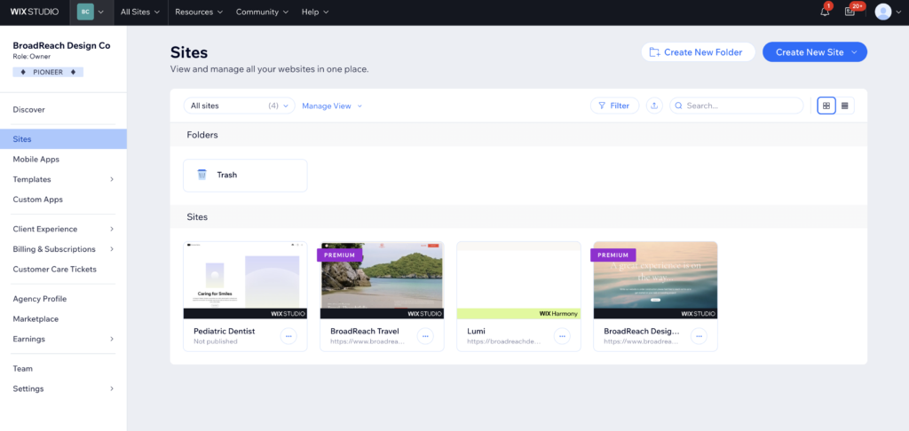 wix web designers dashboard for client sites
